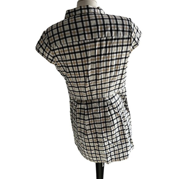 Pendleton Plaid Mini Dress Sz 12 (M/L) Womens Navy Blue Tan Short Sleeve Button - Picture 15 of 16